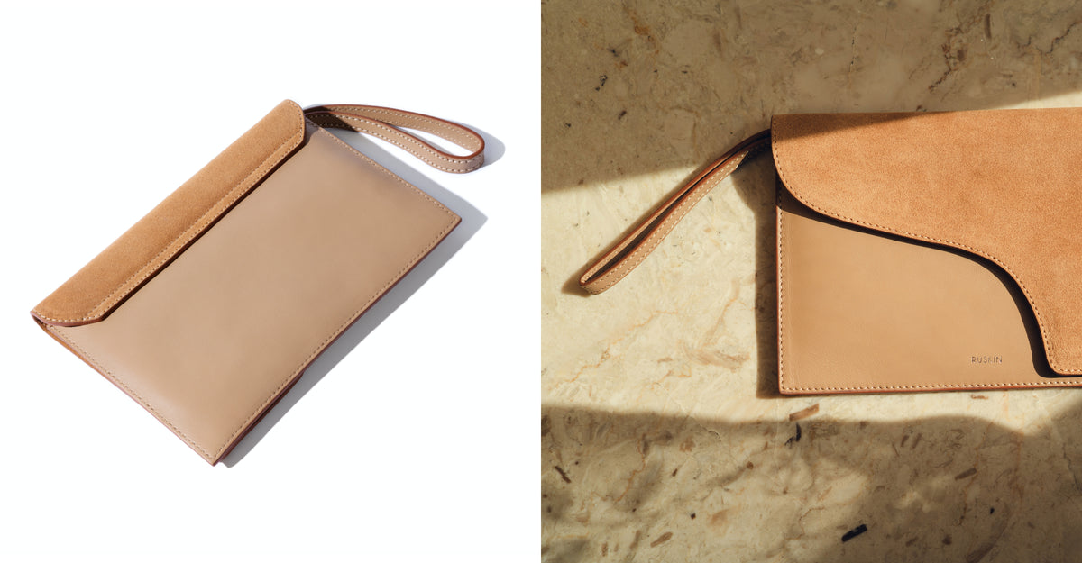 camille clutch in warm ochre leather and suede