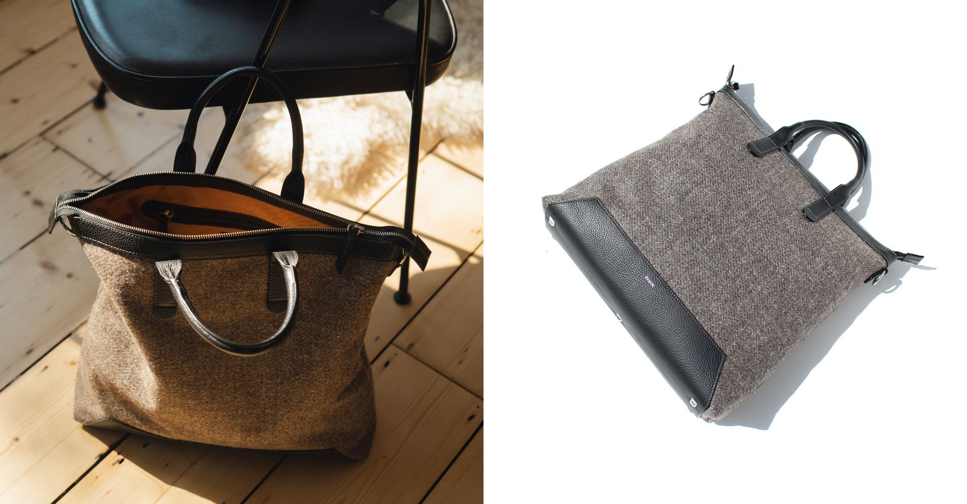 The Quentin Tote in Black Leather & Tweed