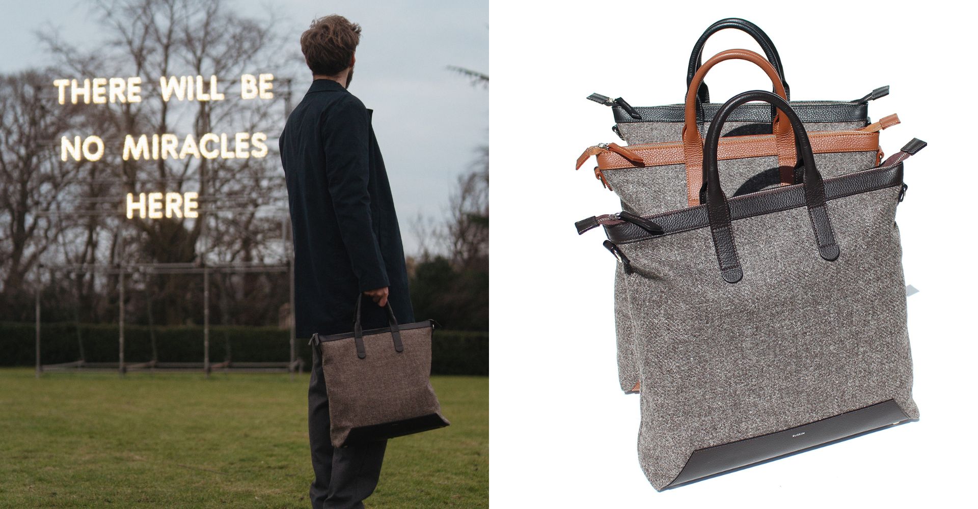 The Quentin Tote in Black Leather & Tweed