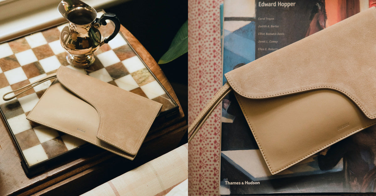 Camille Clutch in Soft Stone Leather and Suede