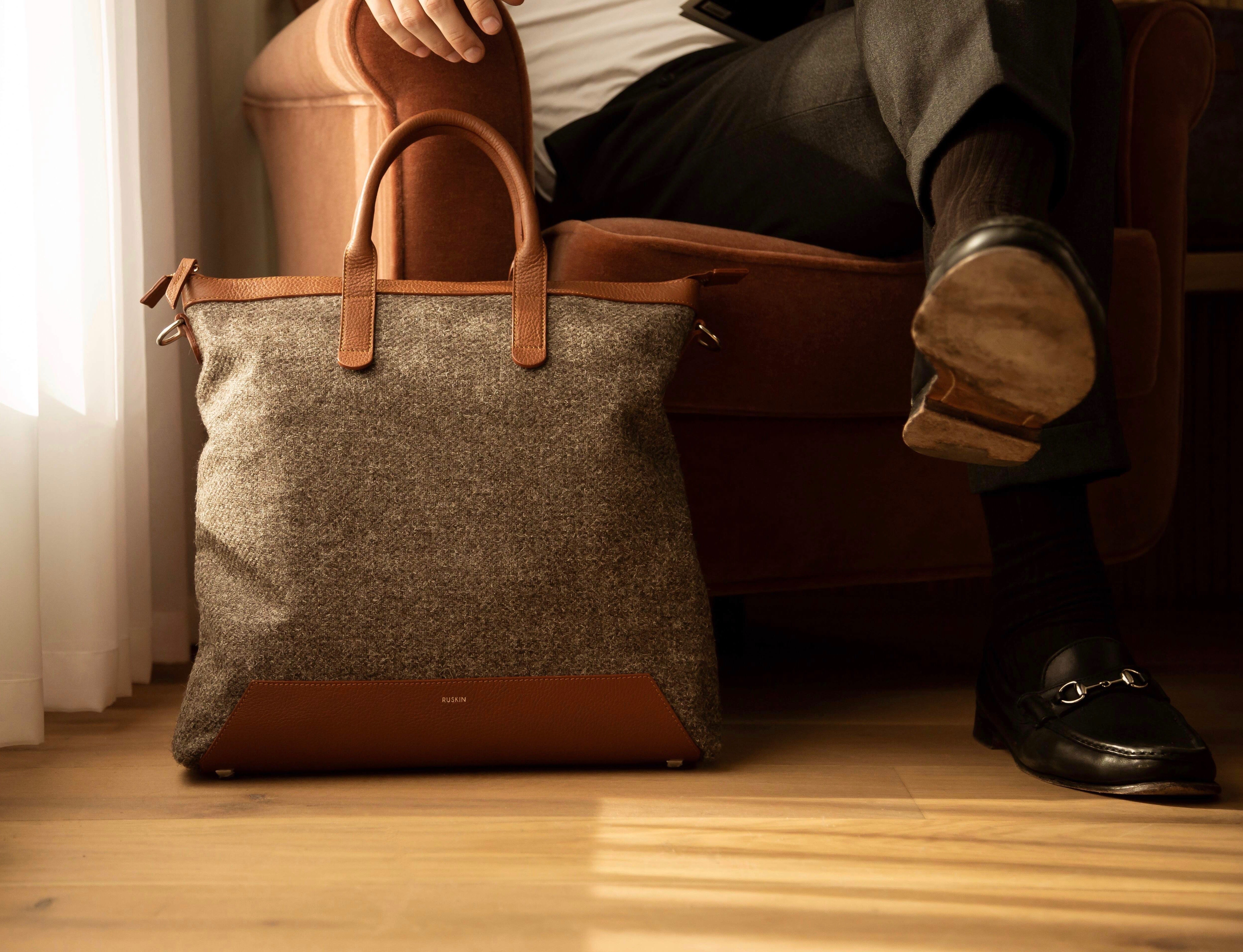 The Quentin Tote in Bracken Leather & Tweed
