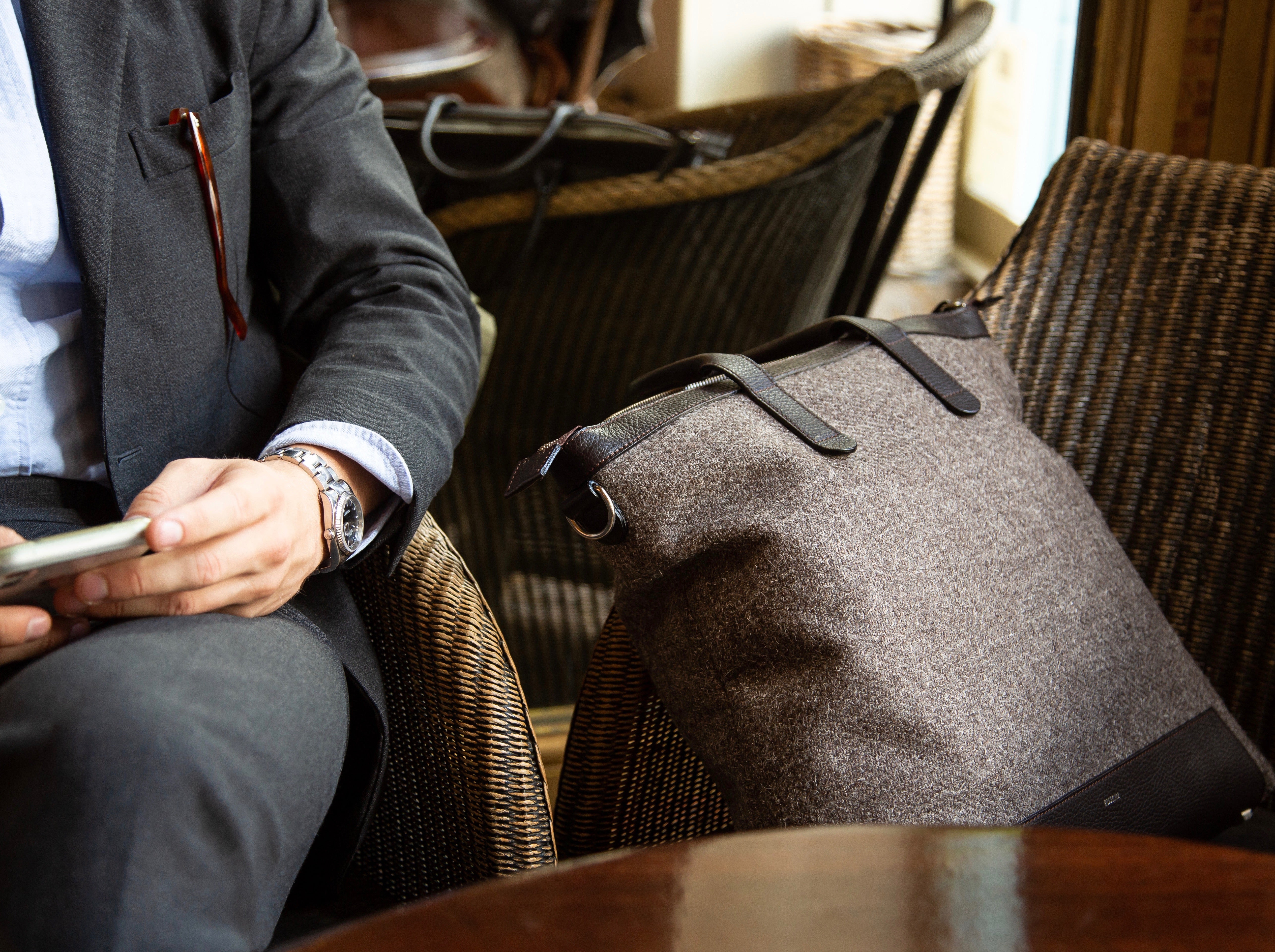 The Quentin Tote in Chocolate Leather & Tweed