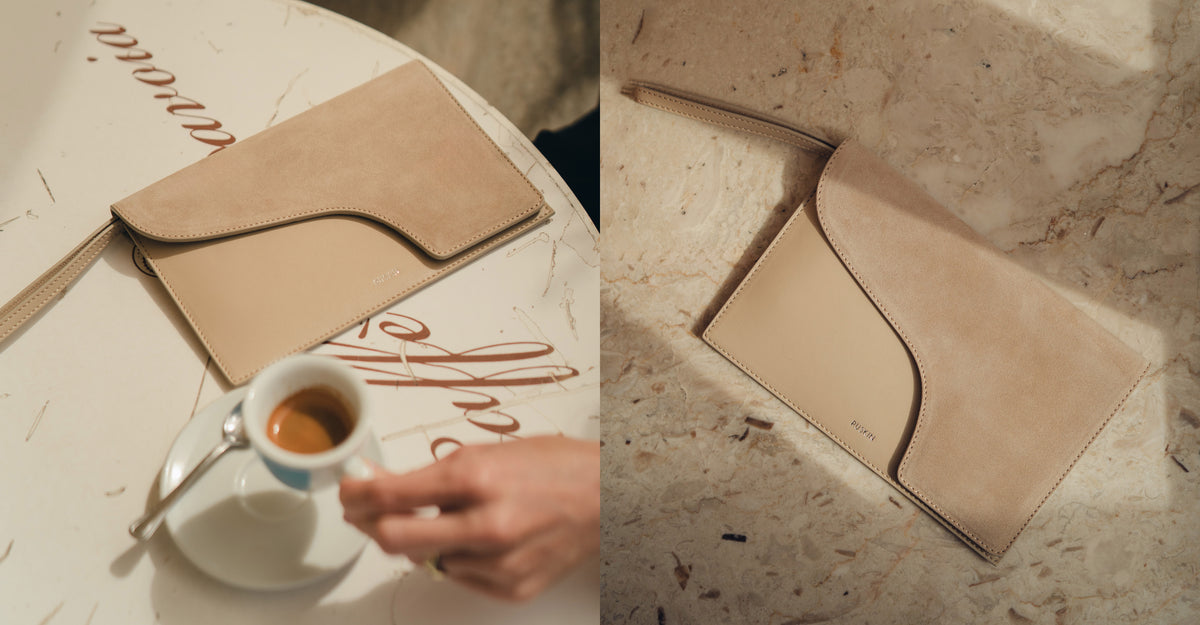 Camille Clutch in Soft Stone Leather and Suede