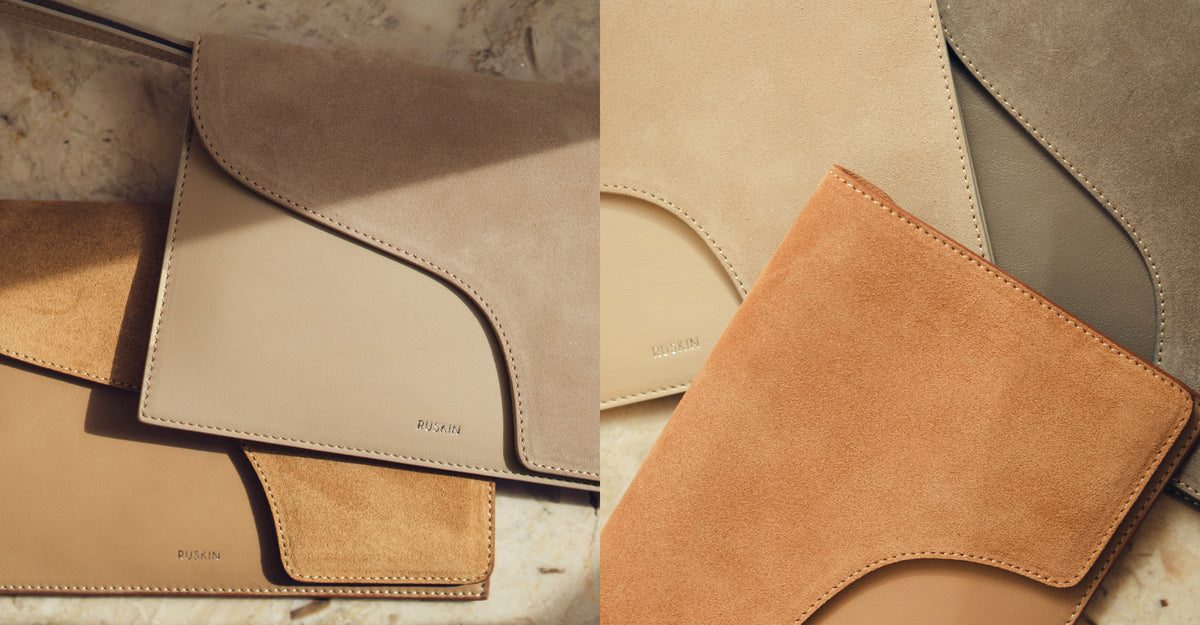 camille clutch in warm ochre leather and suede