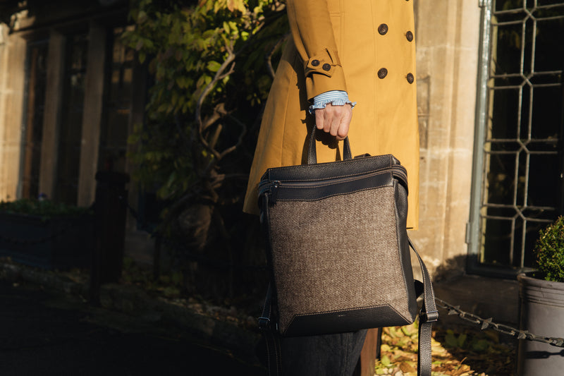 The Hopper in Oxford Blue Leather & Tweed